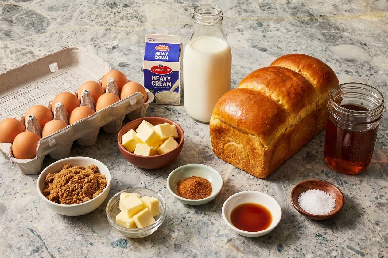 A neat arrangement of ingredients for baked French toast on a kitchen counter: loaf of brioche, eggs, milk, cream, maple syrup, brown sugar, butter, cinnamon, vanilla, and salt