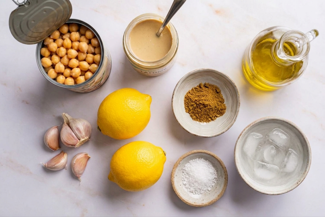 A neat ingredient setup on a kitchen counter with canned chickpeas, tahini, lemons, garlic, olive oil, cumin, salt, and a small bowl of ice water
