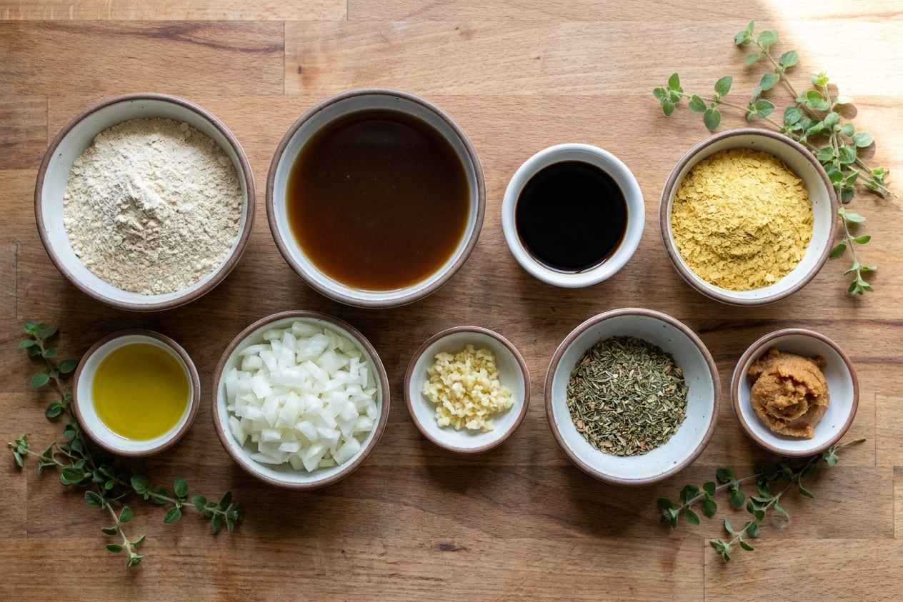 A neat lineup of ingredients on a kitchen counter including vital wheat gluten, vegetable broth, soy sauce, nutritional yeast, olive oil, onions, garlic, dried herbs, and miso in small bowls