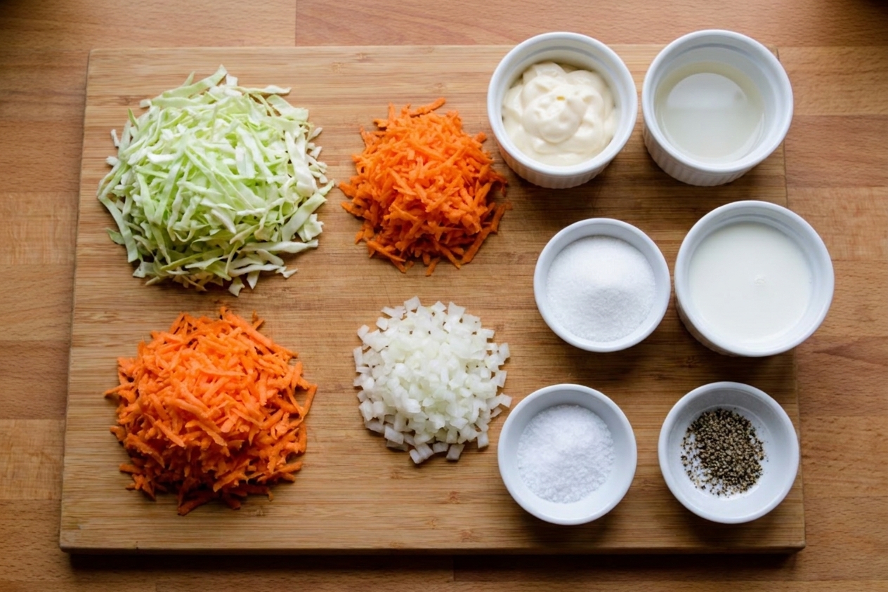A neat spread of coleslaw ingredients on a kitchen counter including cabbage, carrots, onion, mayonnaise, vinegar, sugar, milk, salt, and pepper