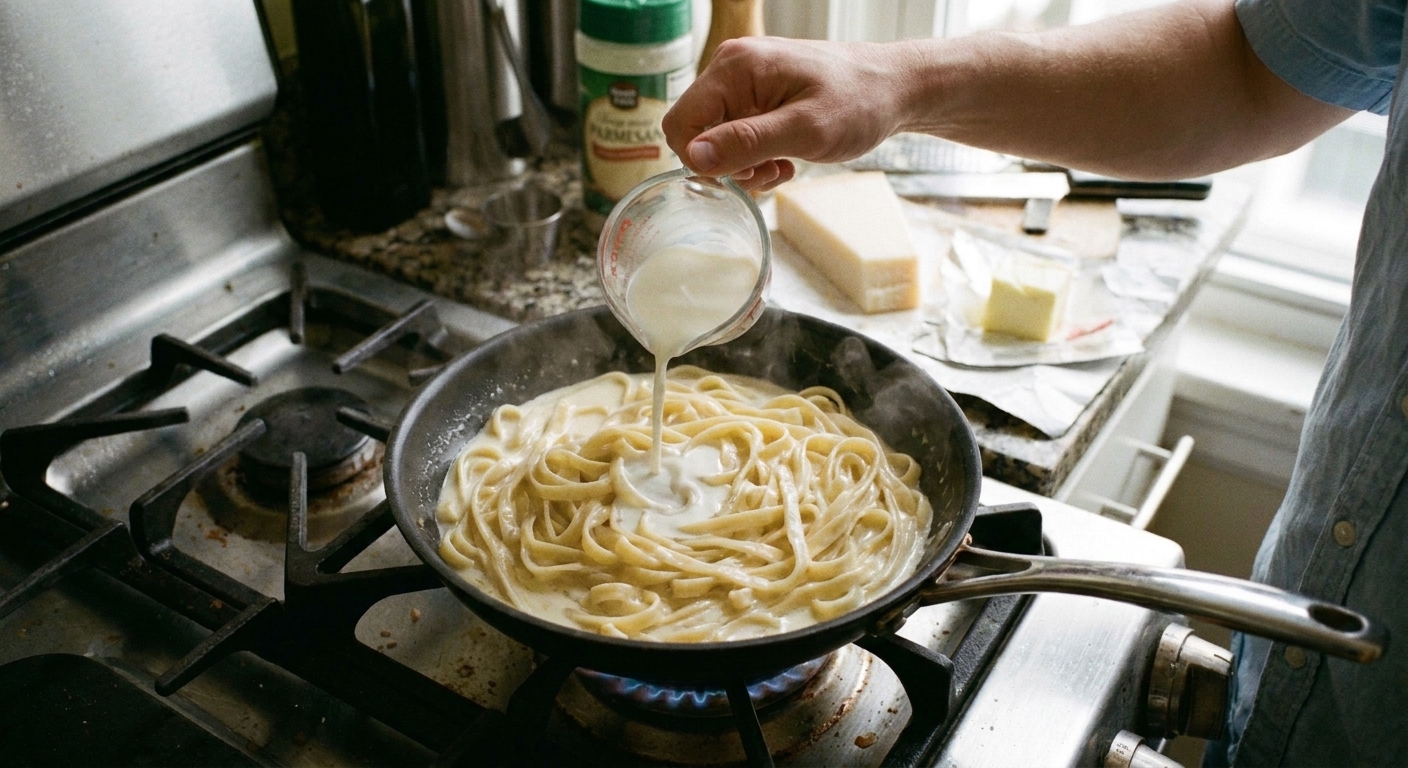 A nonstick skillet on a stove with creamy pasta warming over low heat while a cook adds a splash of milk from a small measuring cup