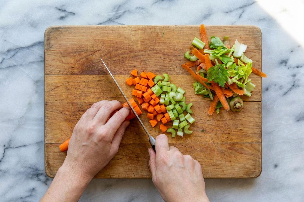 A pair of hands chopping carrots and celery on a cutting board with vegetable scraps gathered neatly to the side