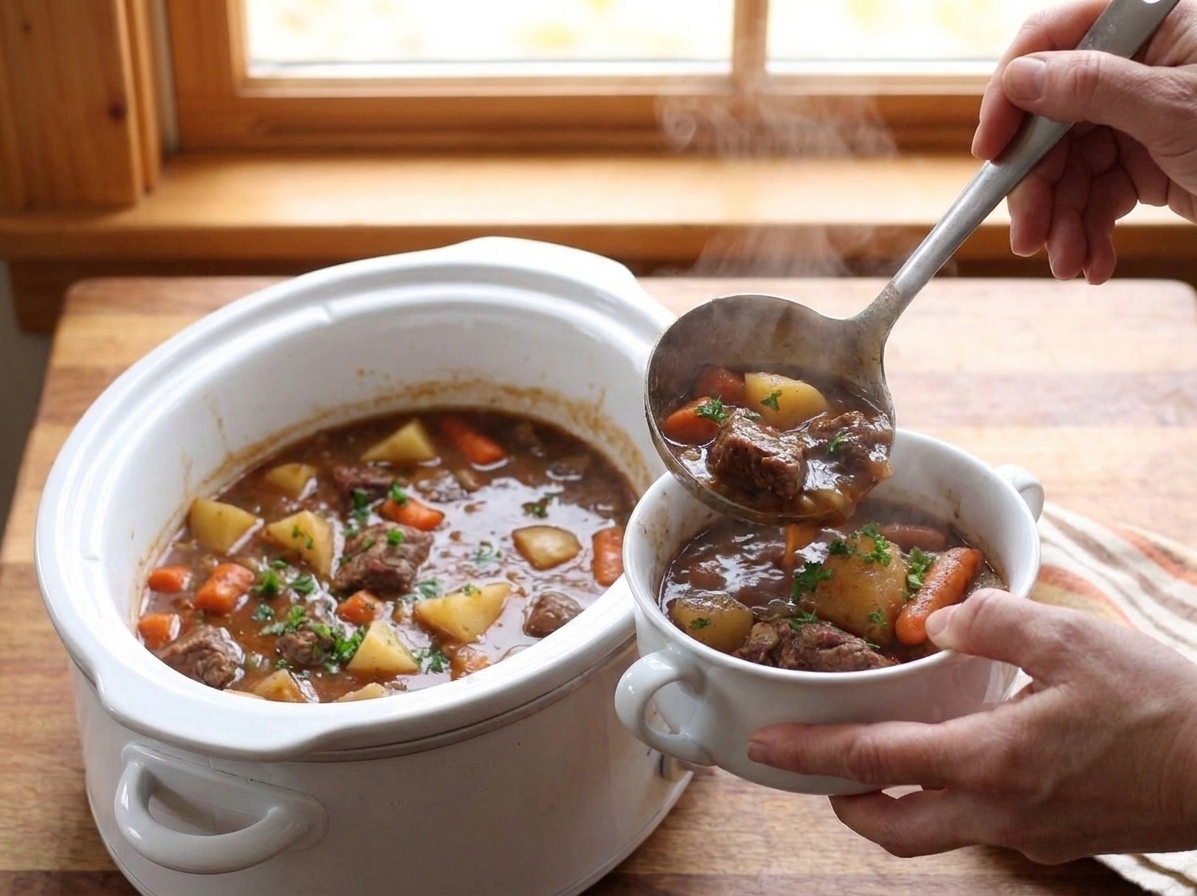 A pair of hands ladling hot beef stew from a slow cooker into a bowl on a kitchen counter
