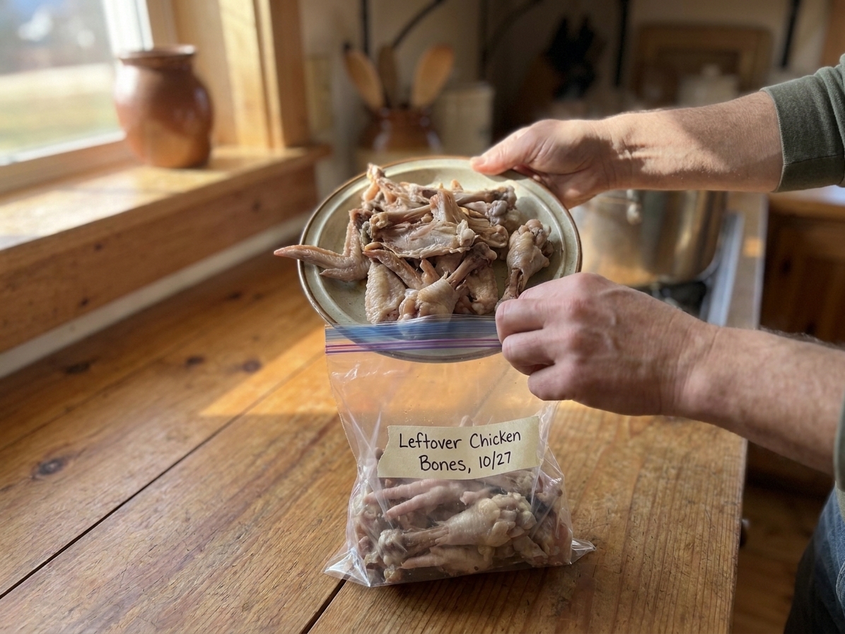 A pair of hands placing leftover chicken bones into a labeled freezer bag on a kitchen counter