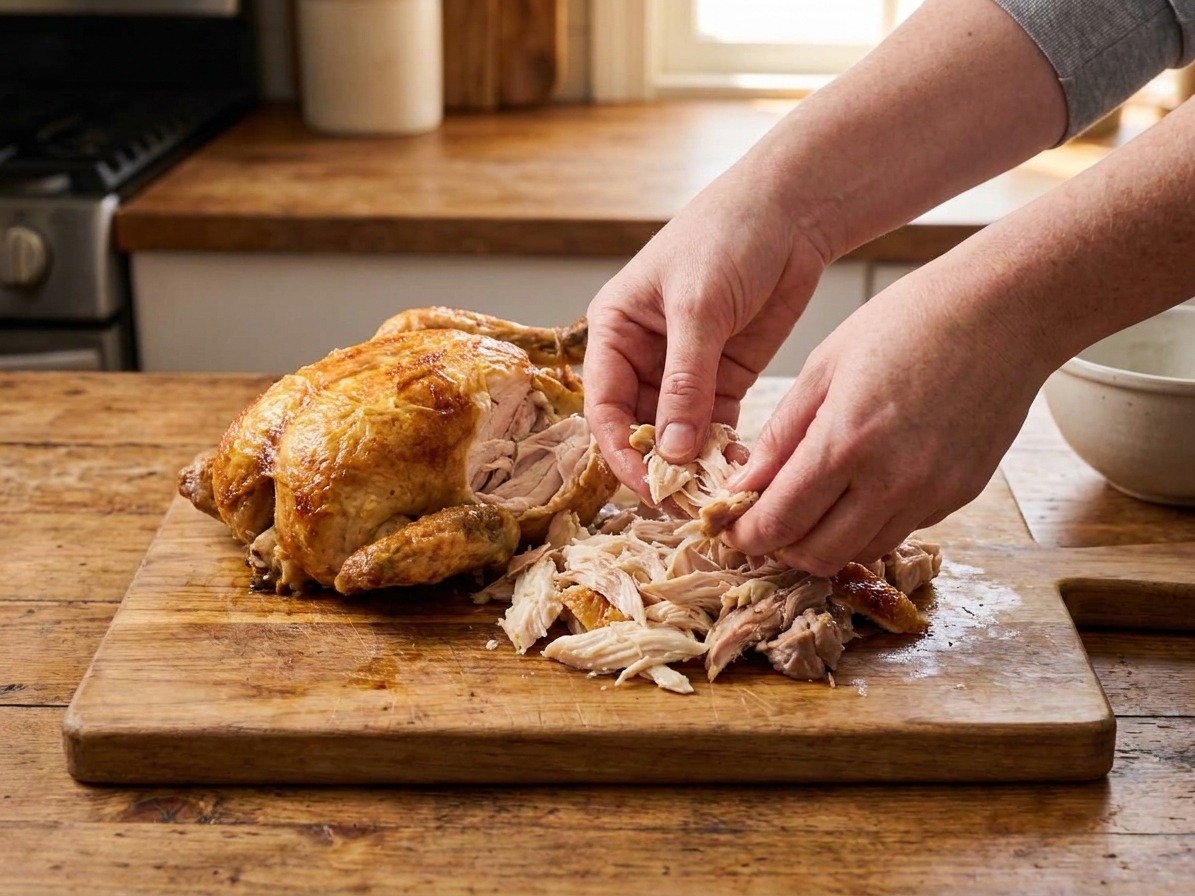 A pair of hands shredding rotisserie chicken over a cutting board on a kitchen counter