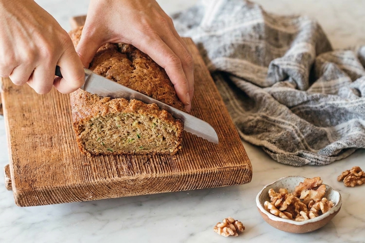 A pair of hands slicing a cooled loaf of zucchini bread on a wooden cutting board with a serrated knife