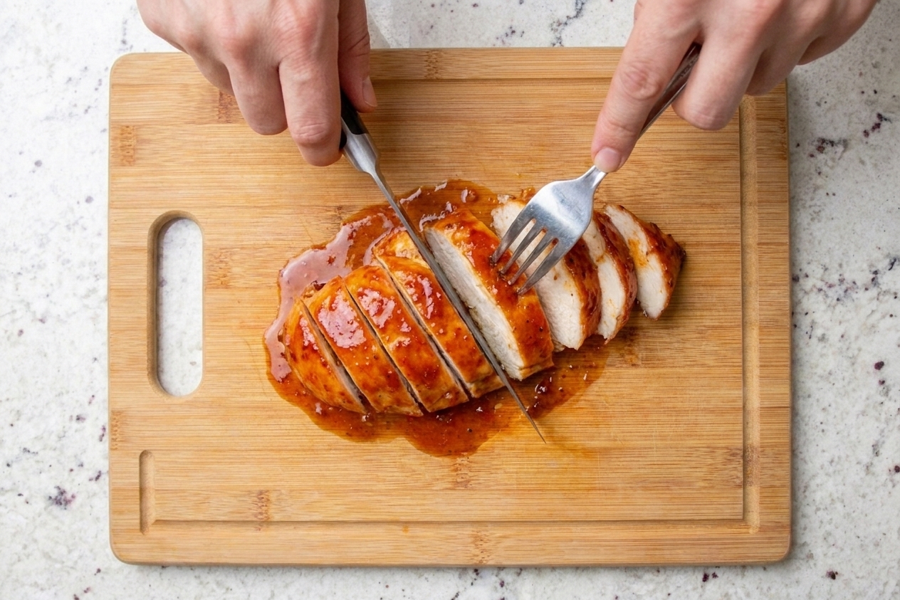 A pair of hands slicing a glazed chicken breast on a cutting board with sauce pooling slightly on the surface