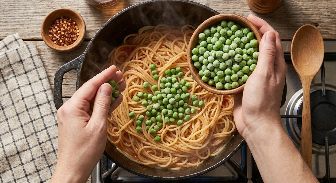 A pair of hands sprinkling frozen peas into a pot of hot pasta on the stove