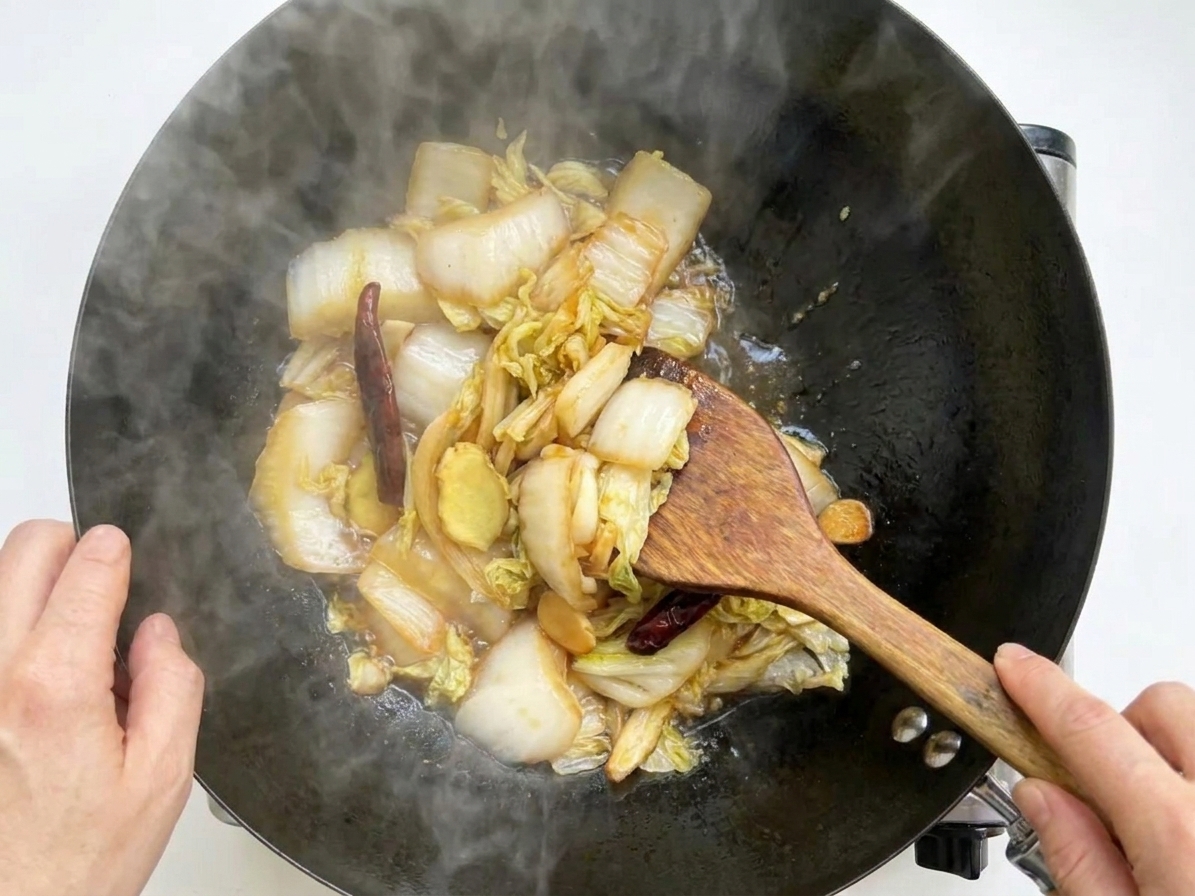 A pair of hands tossing napa cabbage stir-fry in a skillet with a wooden spatula as the sauce turns glossy