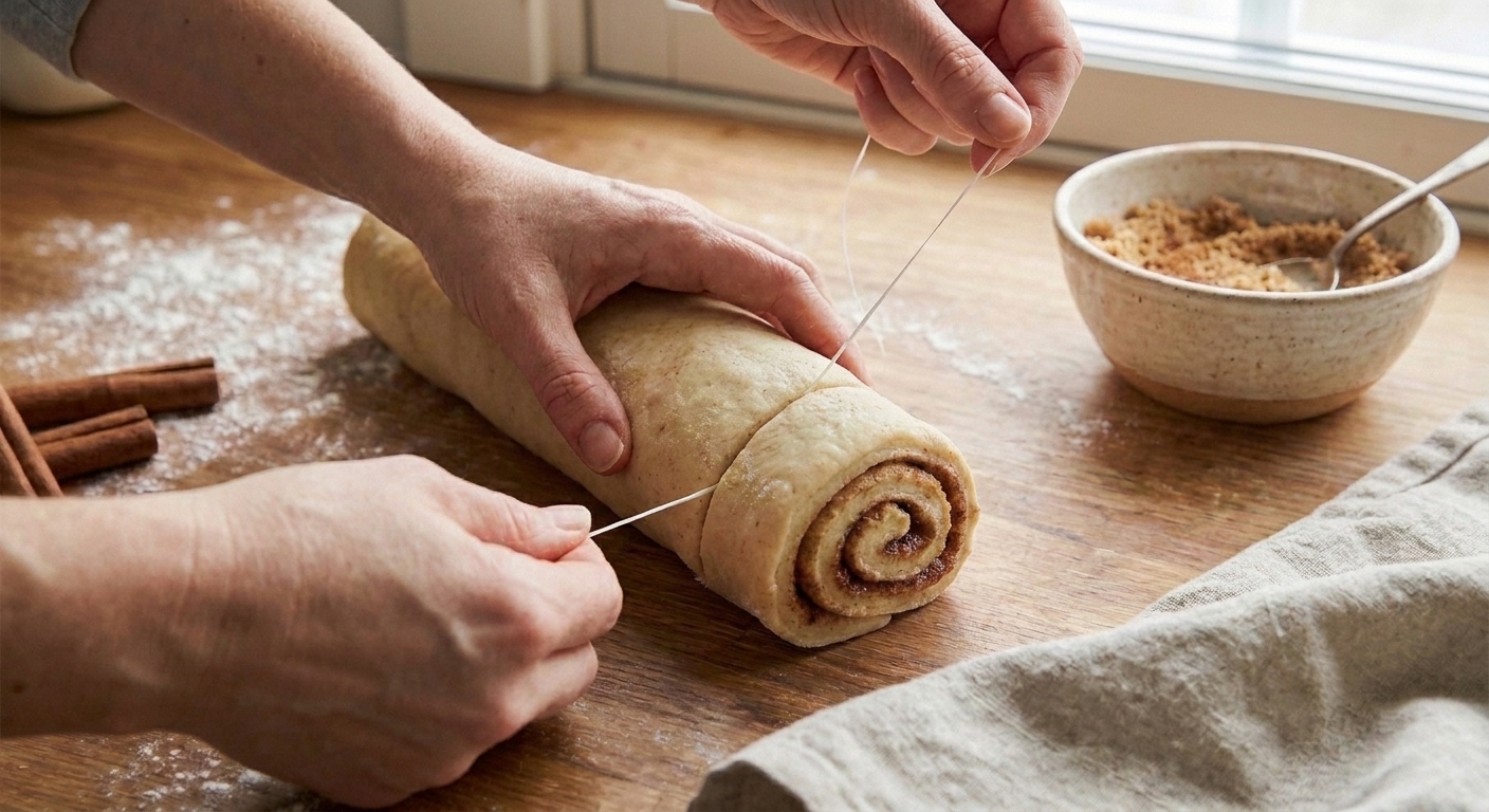 A pair of hands using dental floss to slice a cinnamon roll log into even rounds on a wooden cutting board