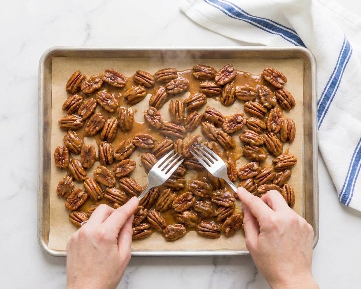 A pair of hands using two forks to separate warm praline pecans on a parchment-lined baking sheet