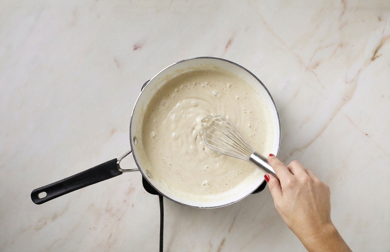 A pale white roux being whisked in a small saucepan, smooth and bubbling lightly