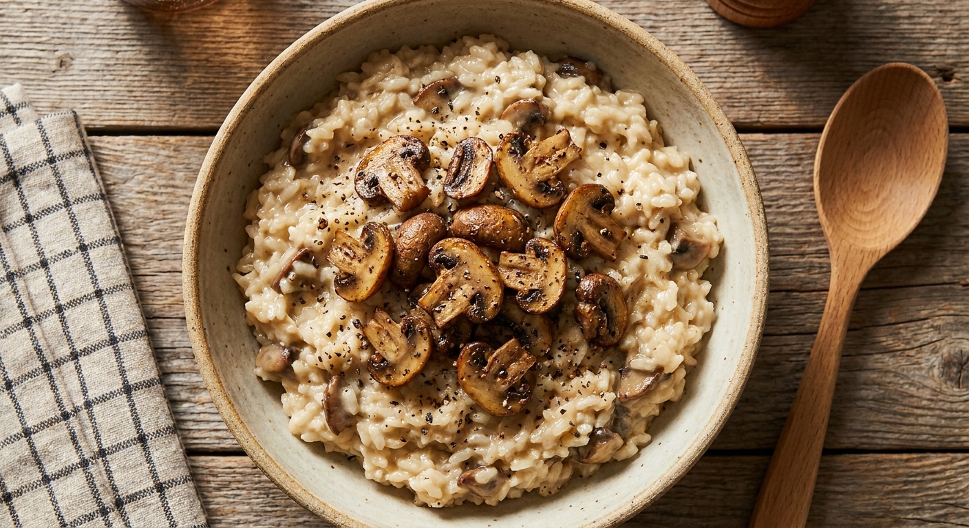 A pan of creamy rice with browned mushrooms and cracked black pepper, ready to serve