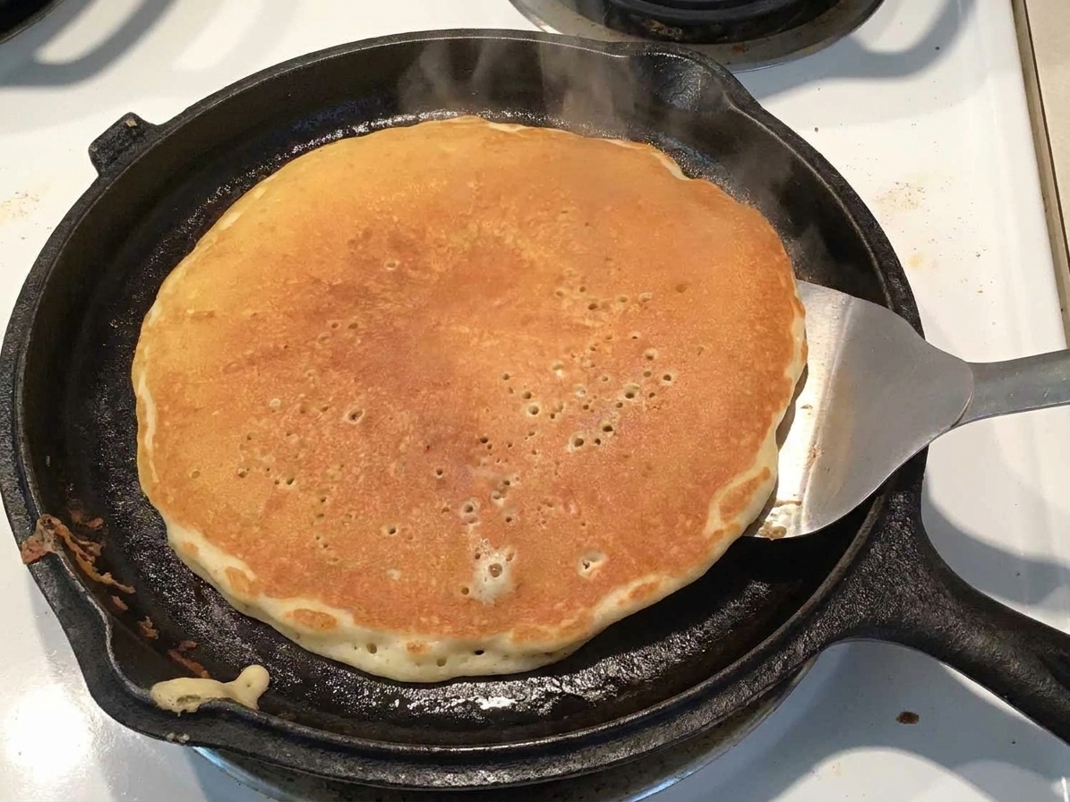 A pancake on a hot griddle with bubbles breaking on the surface as a spatula slides underneath, mid-cook
