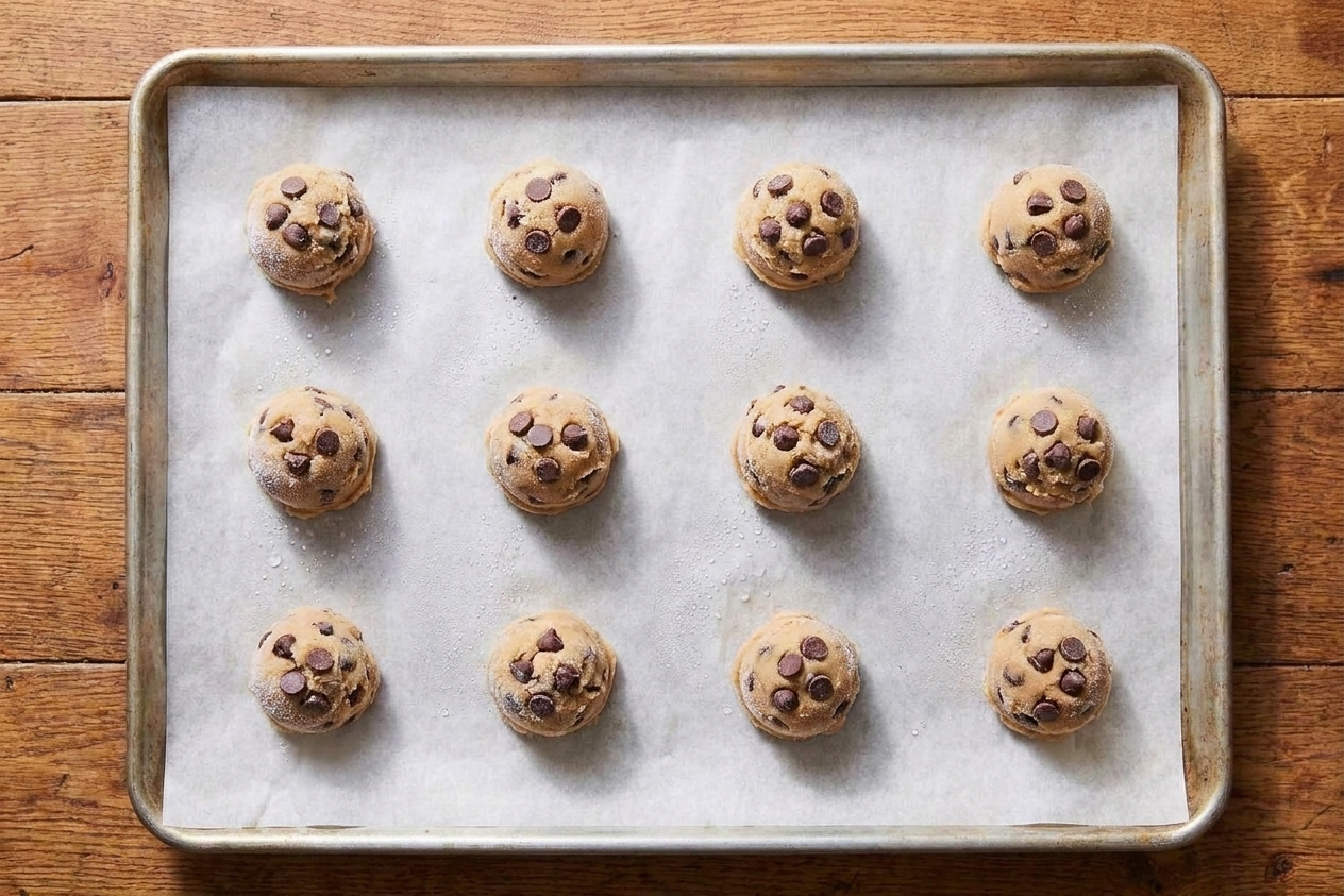 A parchment-lined baking sheet holding frozen scoops of chocolate chip cookie dough ready to be stored