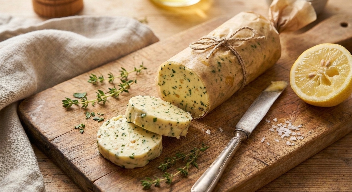A parchment-wrapped log of chicken herb butter on a cutting board with a few sliced butter coins in front