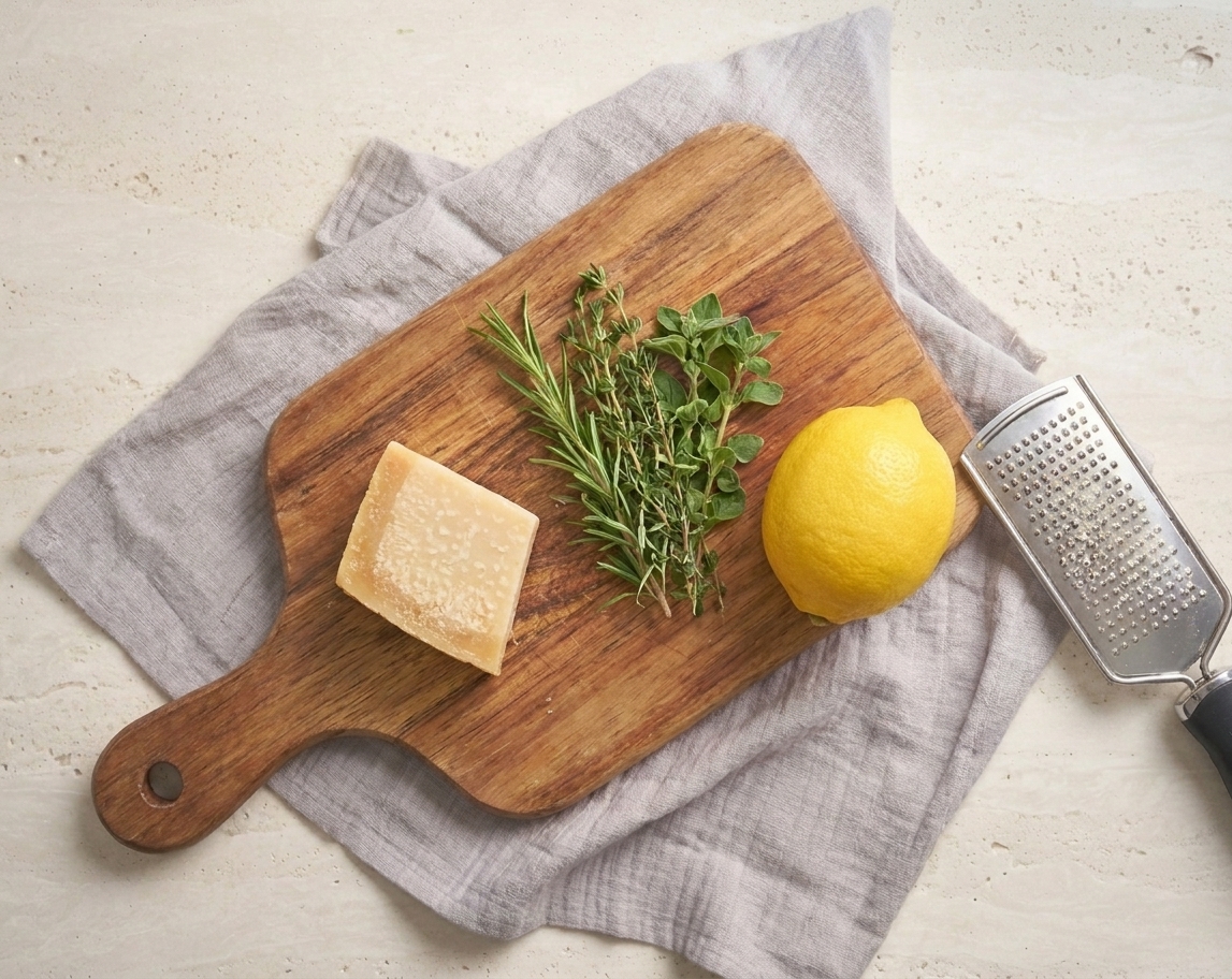 A parmesan rind, a small bunch of herbs, and a lemon on a cutting board next to a microplane