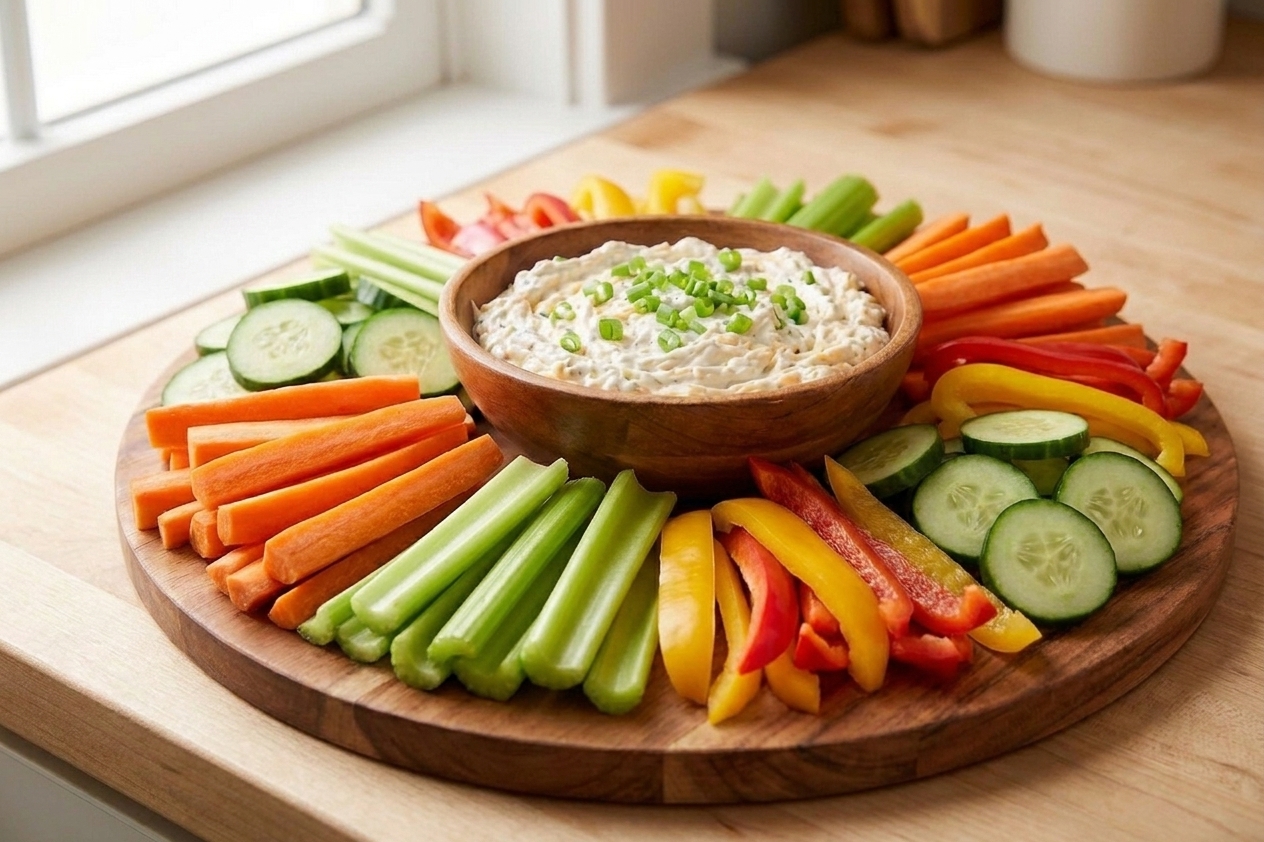 A party-style vegetable platter with carrots, celery, cucumber, bell peppers, and a bowl of ranch dip in the center