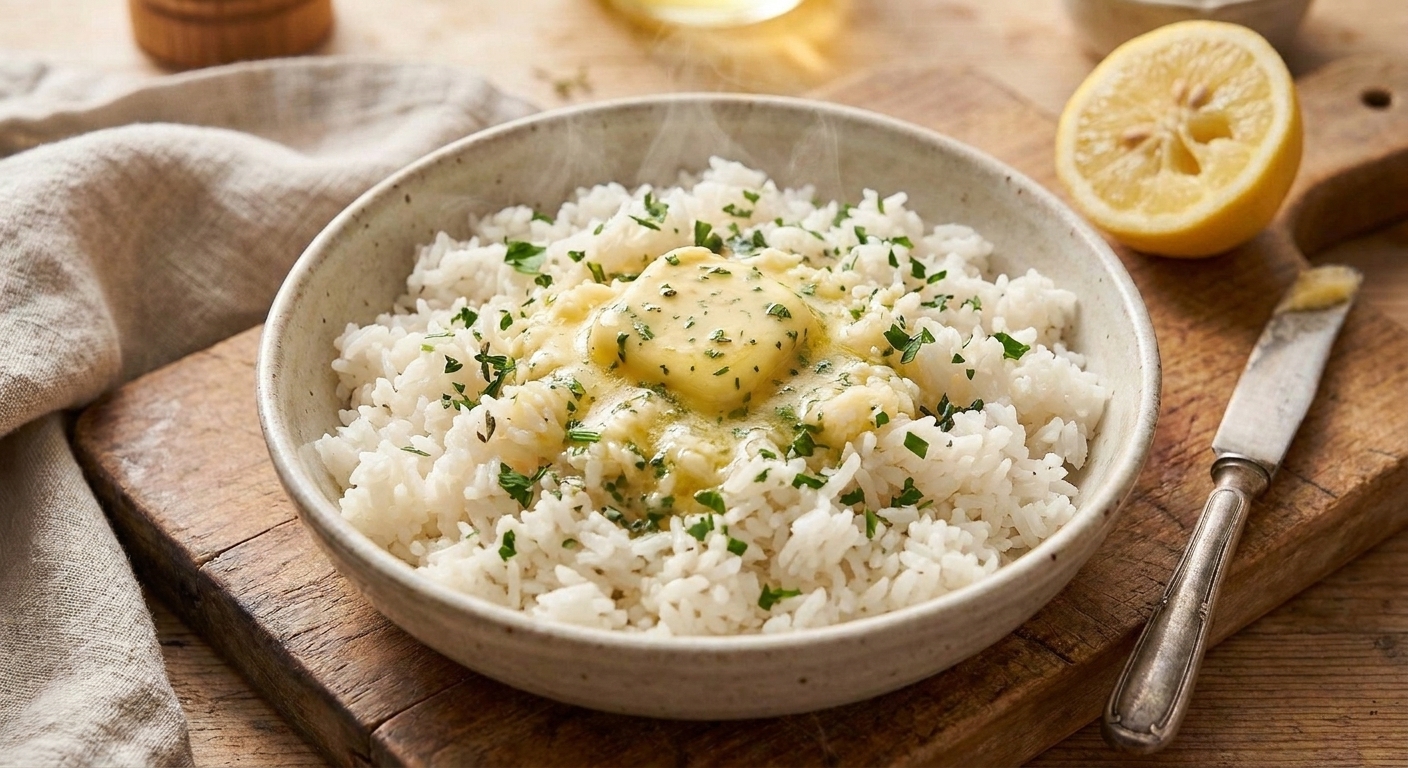 A pat of chicken herb butter melting into a bowl of steaming white rice with chopped herbs scattered on top
