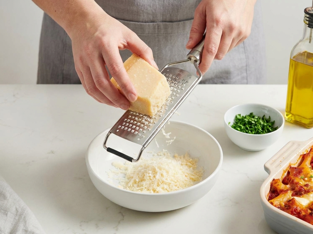 A person grating Parmesan cheese over a bowl on a kitchen counter