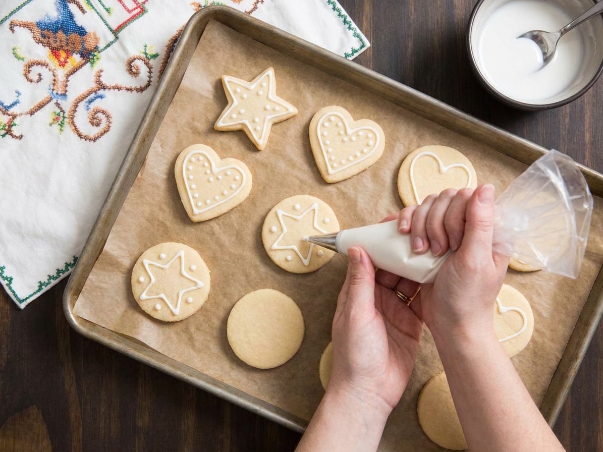 A person piping white icing onto cooled sugar cookies on a parchment-lined tray