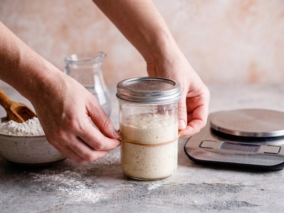 A person placing a rubber band around a glass jar to mark the level of freshly fed sourdough starter on a kitchen counter