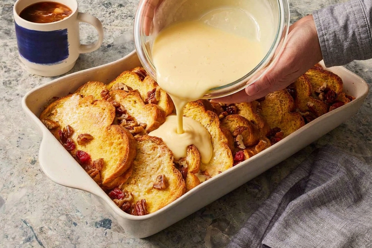 A person pouring creamy egg custard from a mixing bowl over bread cubes in a buttered baking dish on a kitchen counter