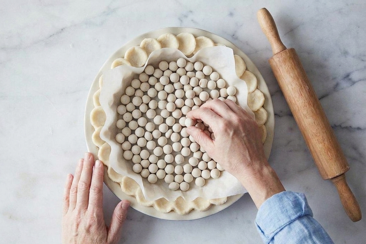 A pie plate with pie dough lined in parchment and filled with ceramic pie weights before blind baking