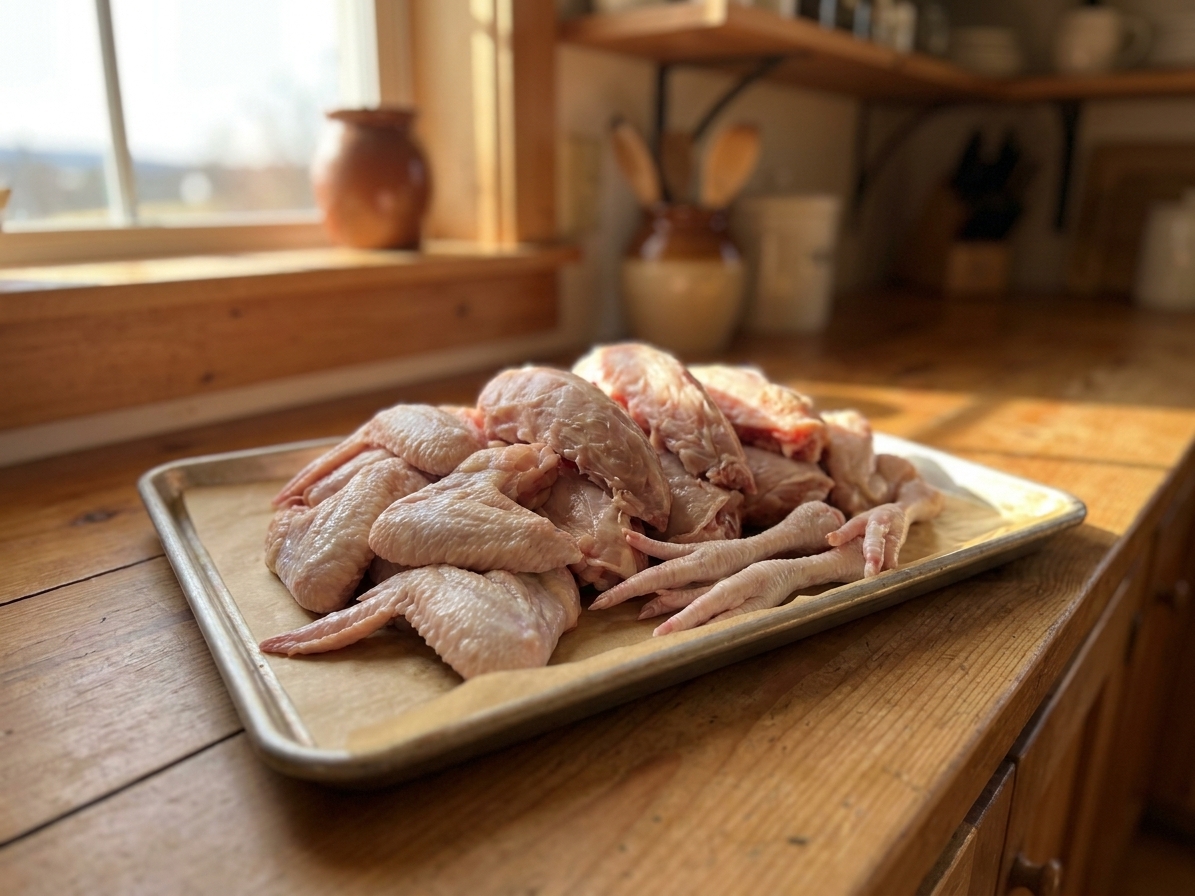 A pile of raw chicken backs, wings, and feet arranged on a parchment-lined sheet pan in a home kitchen