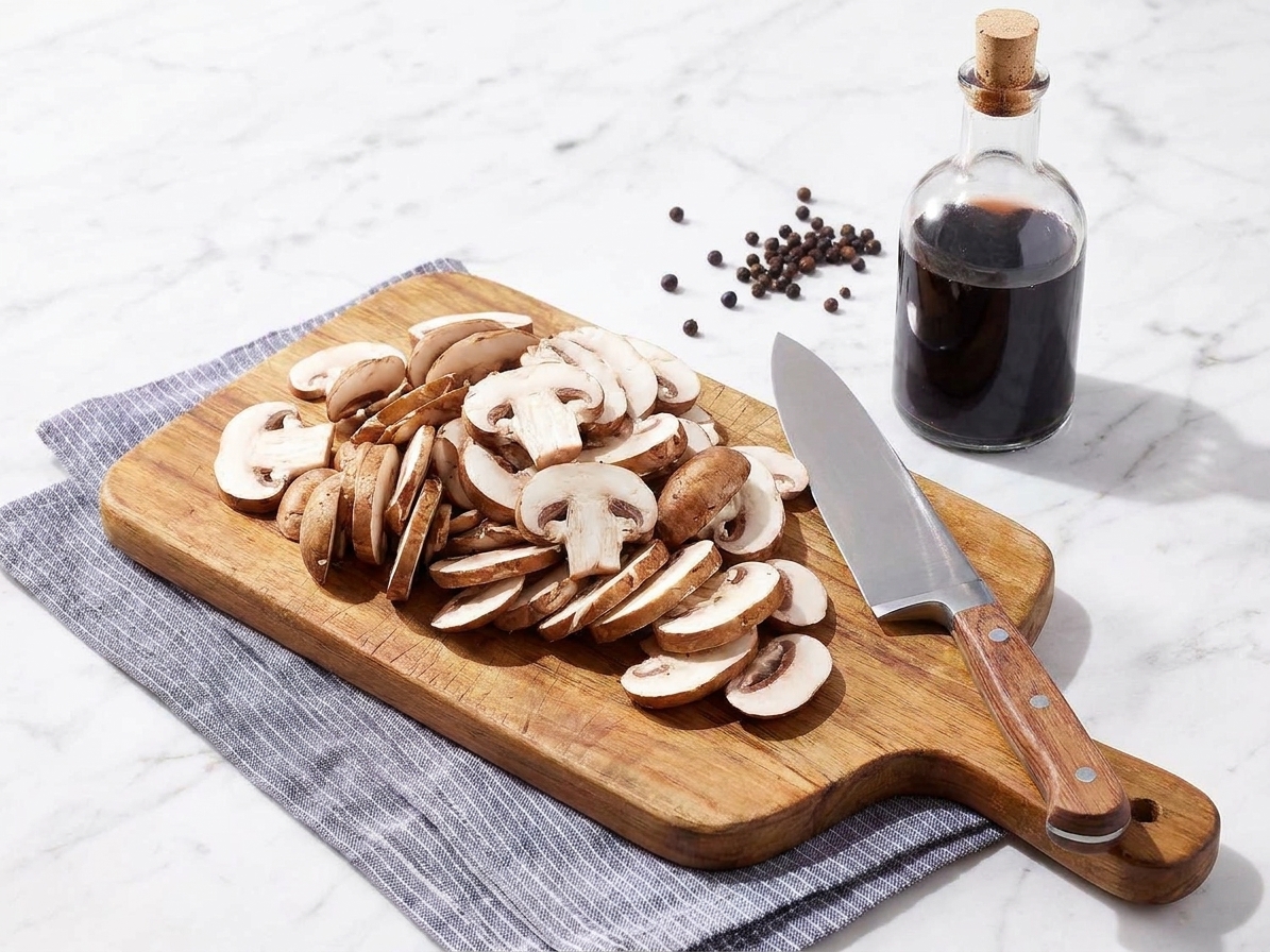 A pile of sliced cremini mushrooms on a wooden cutting board next to a chef's knife