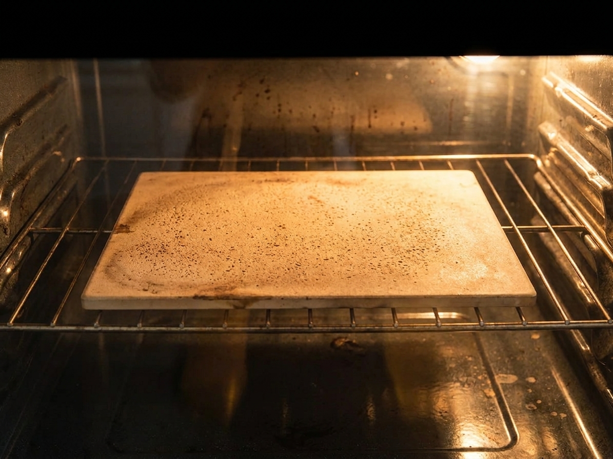 A pizza stone centered on an oven rack as the oven preheats, with the oven light on