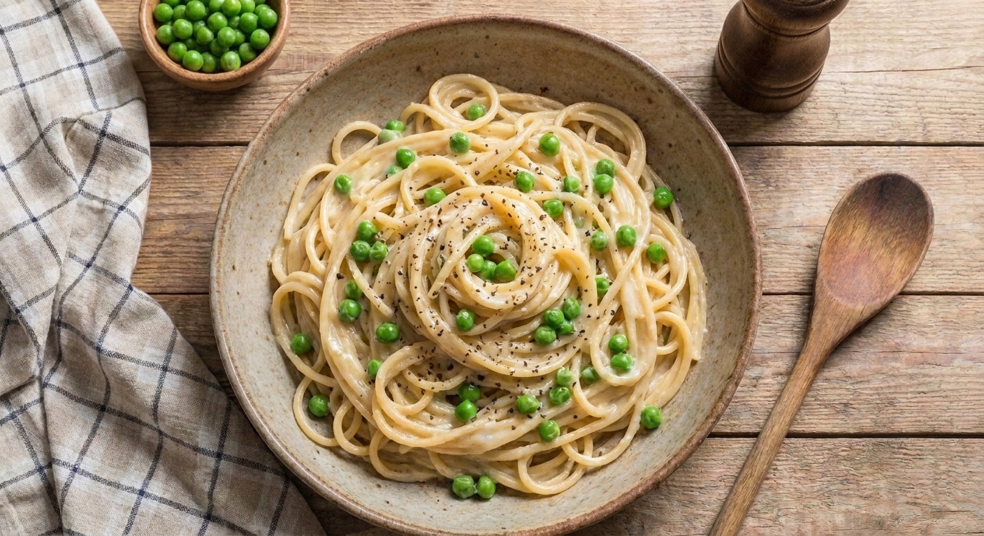 A plate of creamy pasta with peas and black pepper, glossy sauce clinging to the noodles