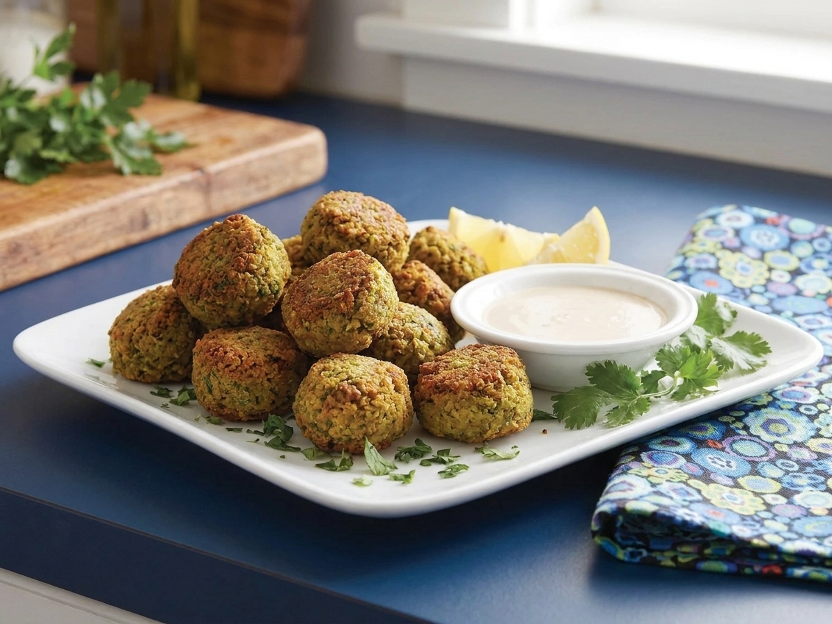 A plate of crispy falafel balls with a golden brown crust, served with a small bowl of tahini sauce, lemon wedges, and chopped herbs on a kitchen table