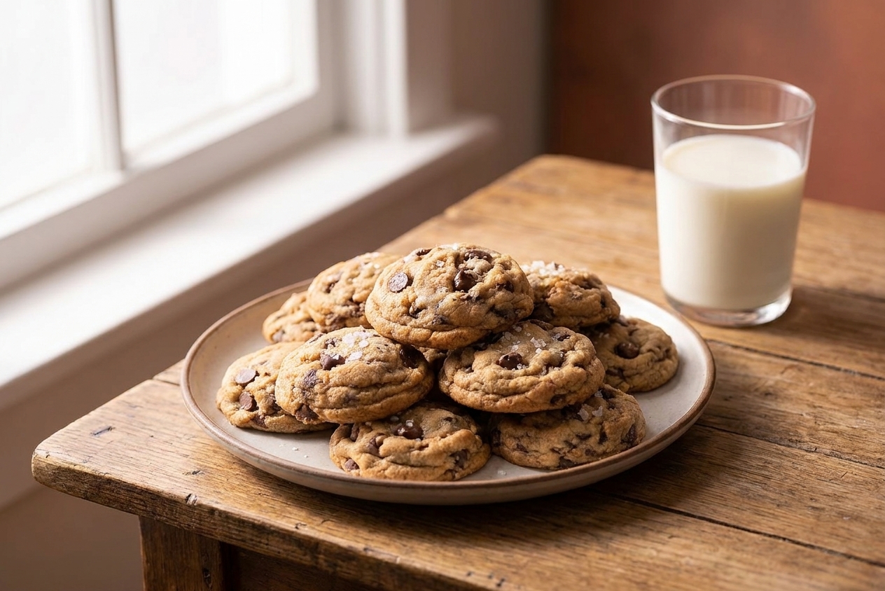 A plate of soft and chewy chocolate chip cookies on a wooden table with a glass of milk nearby in natural window light