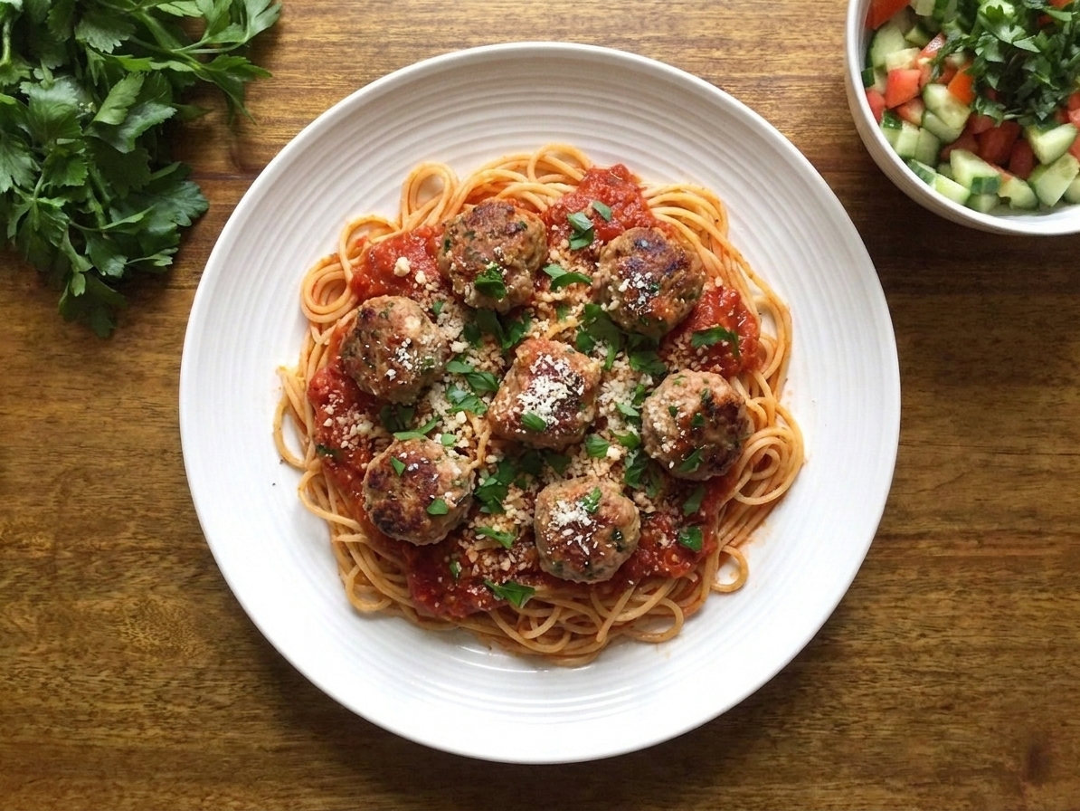 A plate of spaghetti topped with marinara and several turkey meatballs, finished with grated Parmesan and chopped parsley