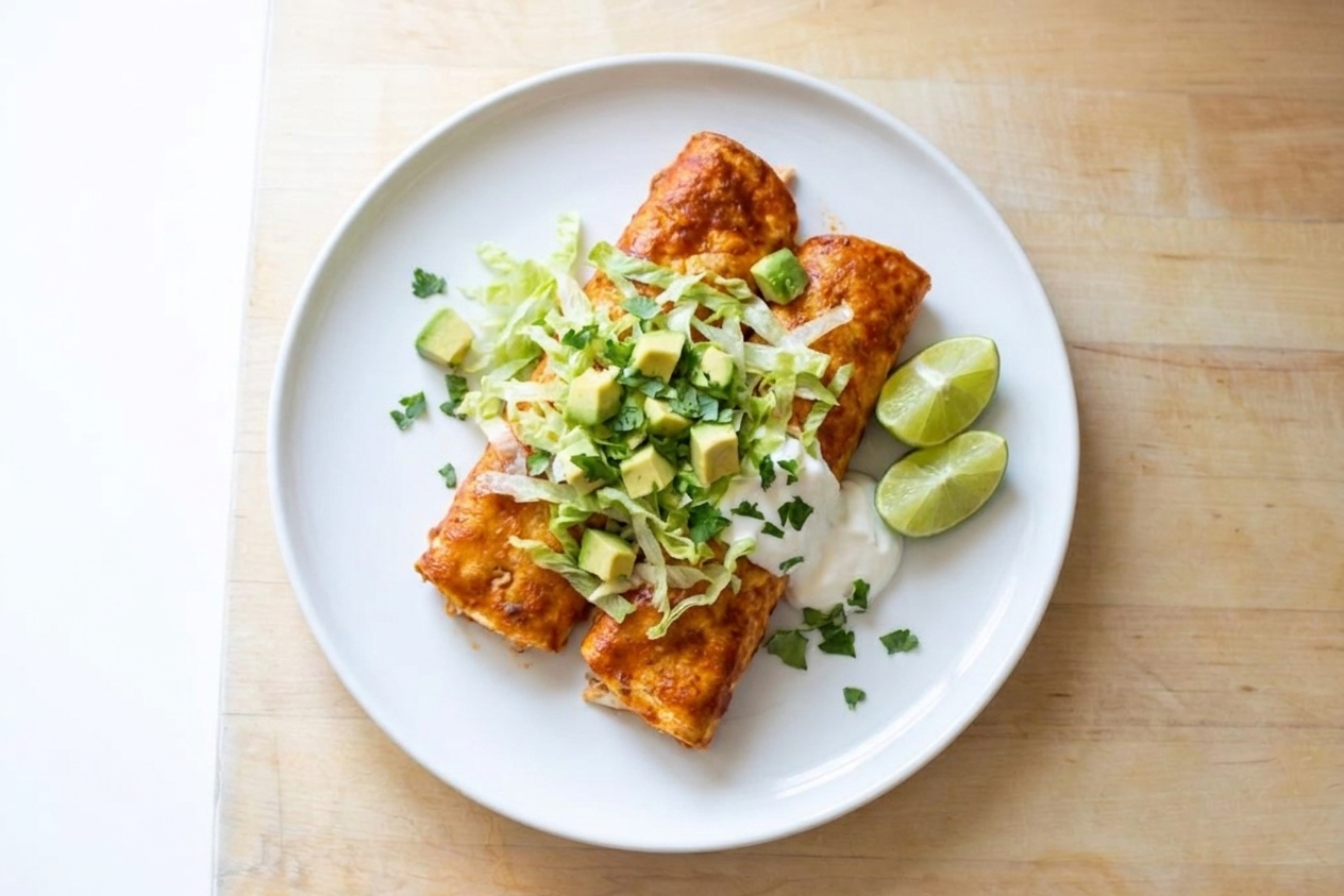A plate with two red-sauce chicken enchiladas topped with shredded lettuce, diced avocado, and cilantro, with lime wedges on the side
