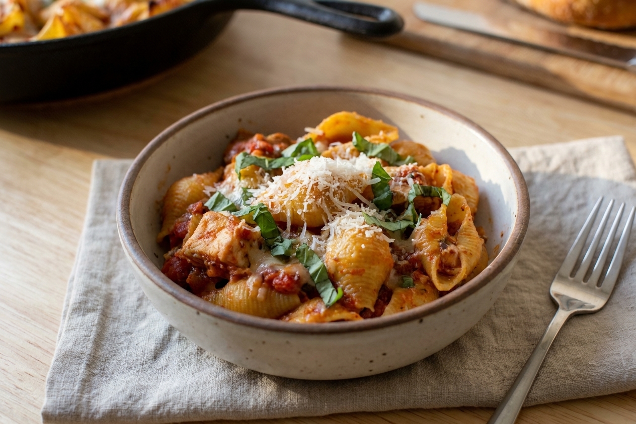 A plated bowl of rustic chicken and pasta with grated parmesan and torn basil, set on a linen napkin with a fork