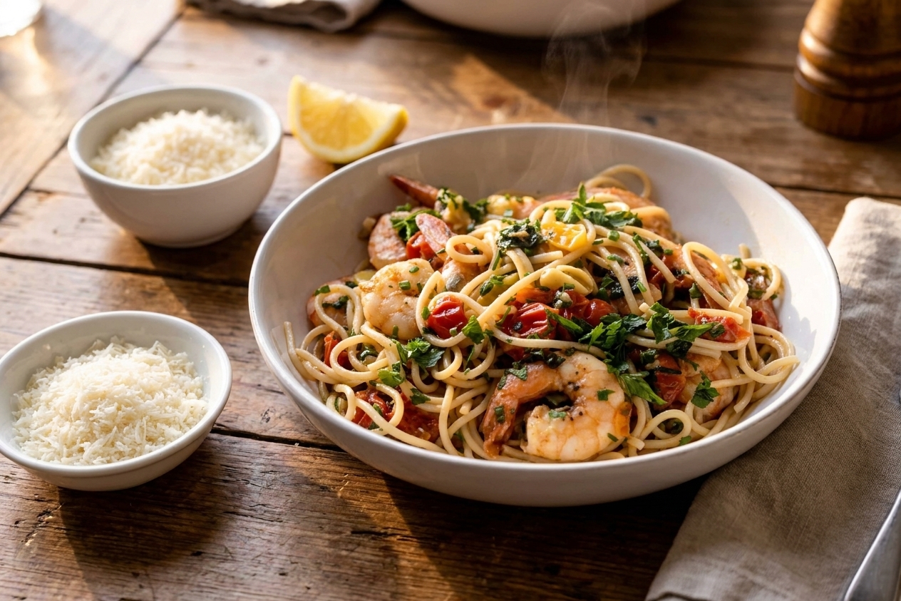 A plated bowl of shrimp scampi linguine on a wooden dinner table with a lemon wedge and a small bowl of grated parmesan nearby, warm evening light