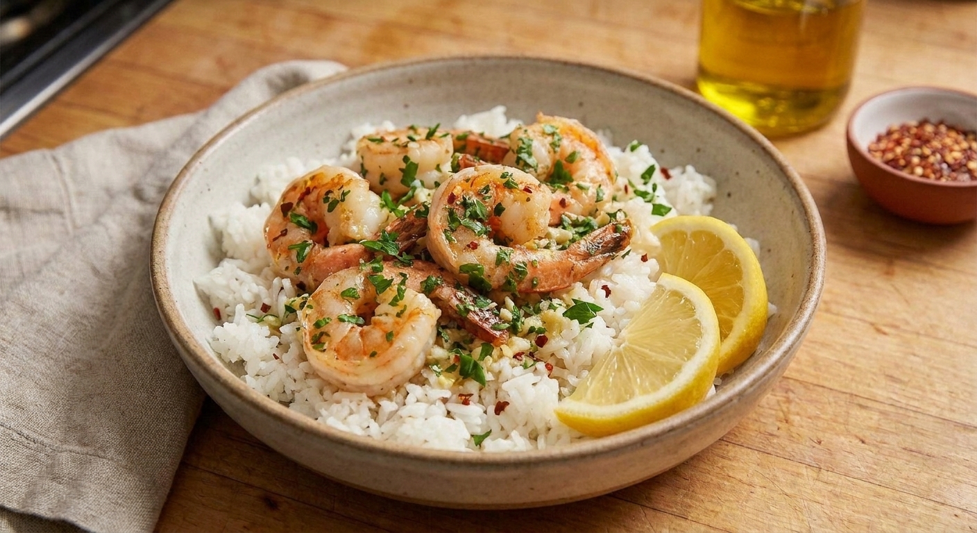 A plated bowl of zesty shrimp over fluffy white rice with chopped herbs and citrus wedges on the side