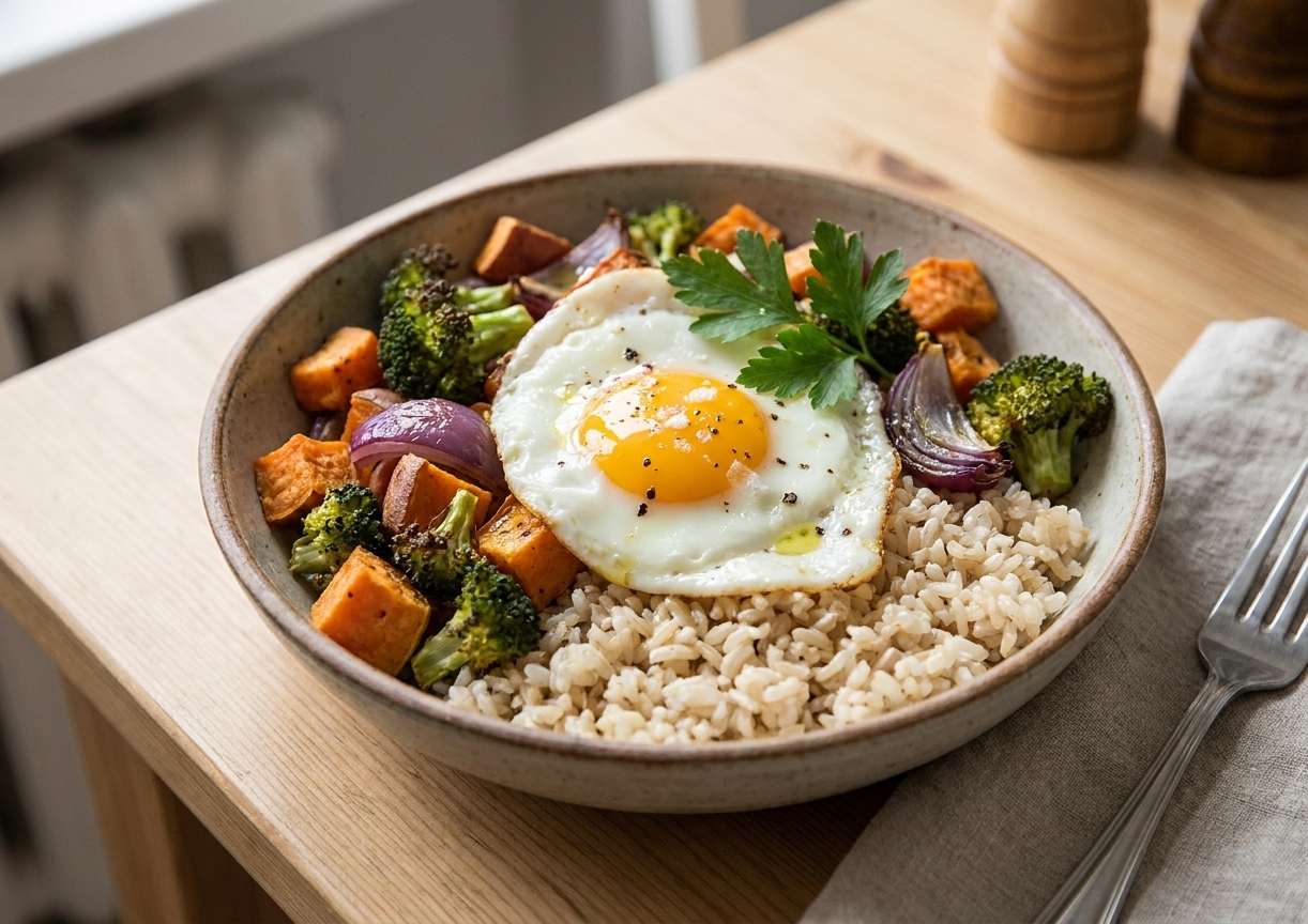 A plated brown rice bowl topped with roasted vegetables and a jammy fried egg on a simple dinner table