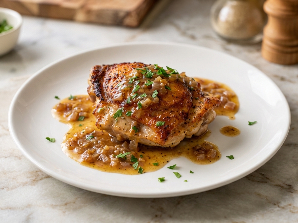A plated chicken cutlet with golden pan sauce spooned around it on a white dinner plate