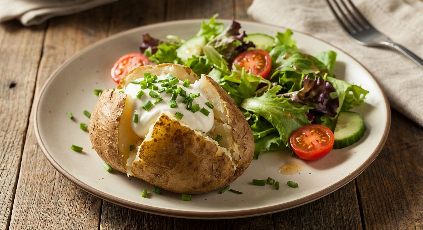 A plated dinner with a loaded baked potato topped with sour cream and chives, served beside a simple green salad on a wooden table