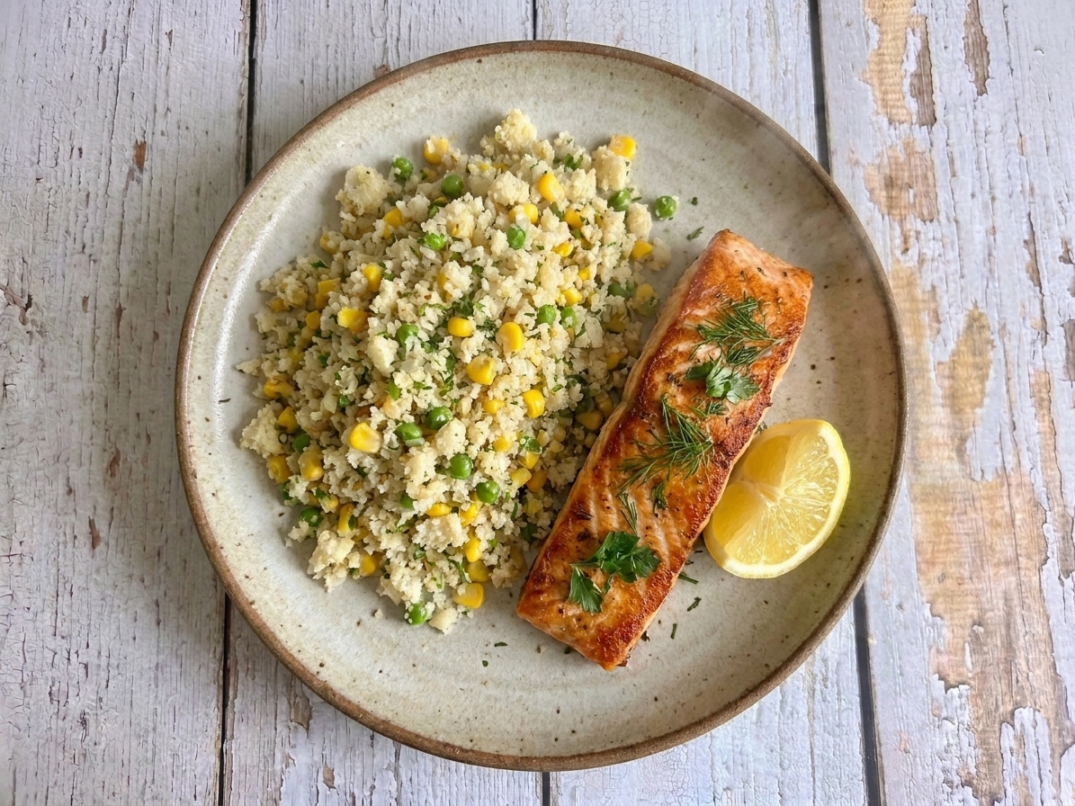 A plated dinner with a mound of cauliflower rice beside a pan-seared salmon fillet and a wedge of lemon on a ceramic plate