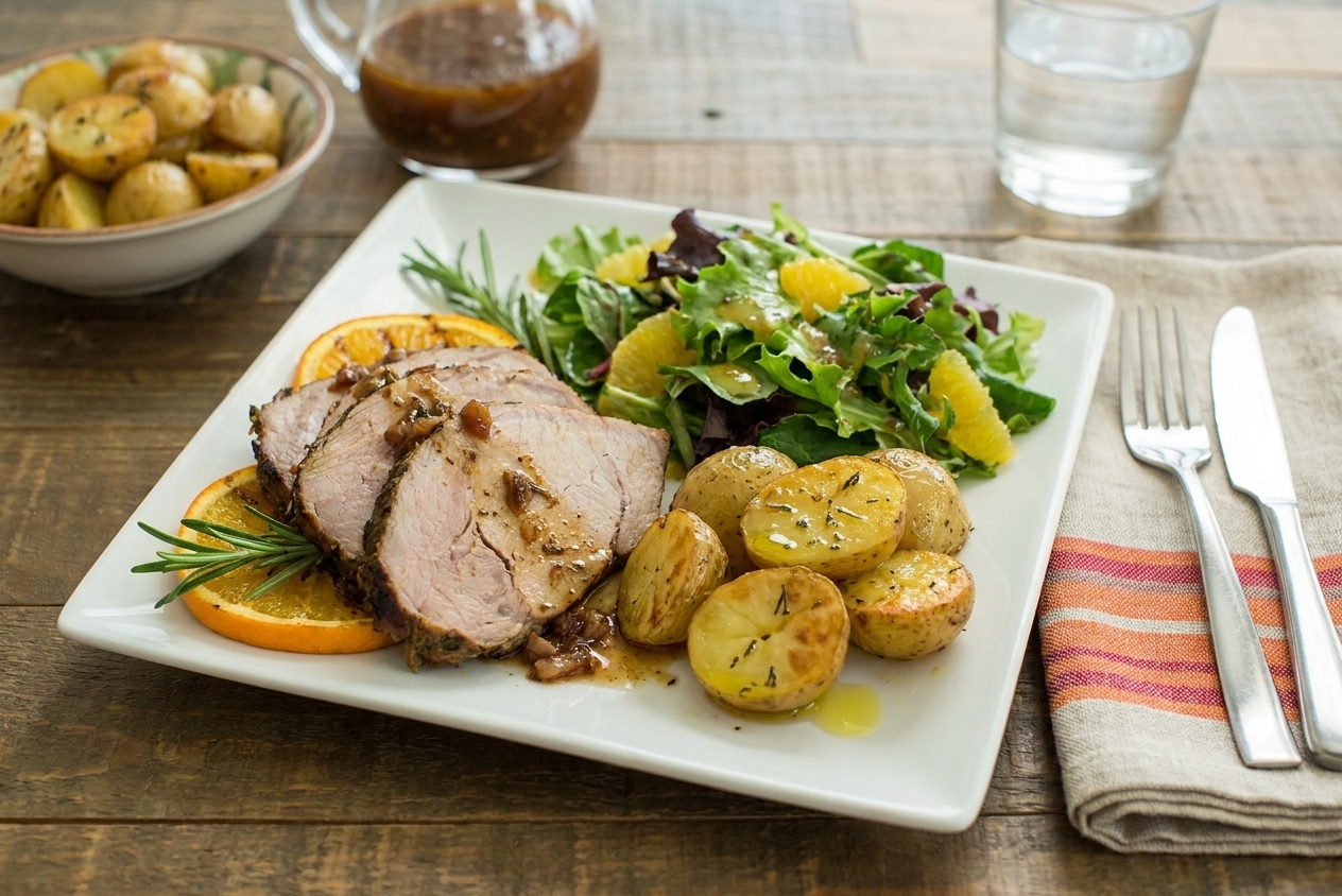 A plated dinner with sliced citrus pork roast, roasted potatoes, and a green salad on a wooden table with simple linen napkins