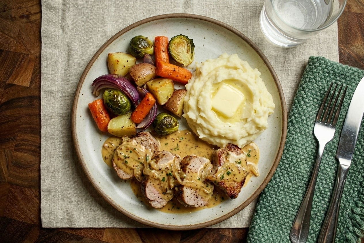 A plated dinner with sliced pork tenderloin topped with pan sauce, roasted vegetables, and mashed potatoes on a linen table setting
