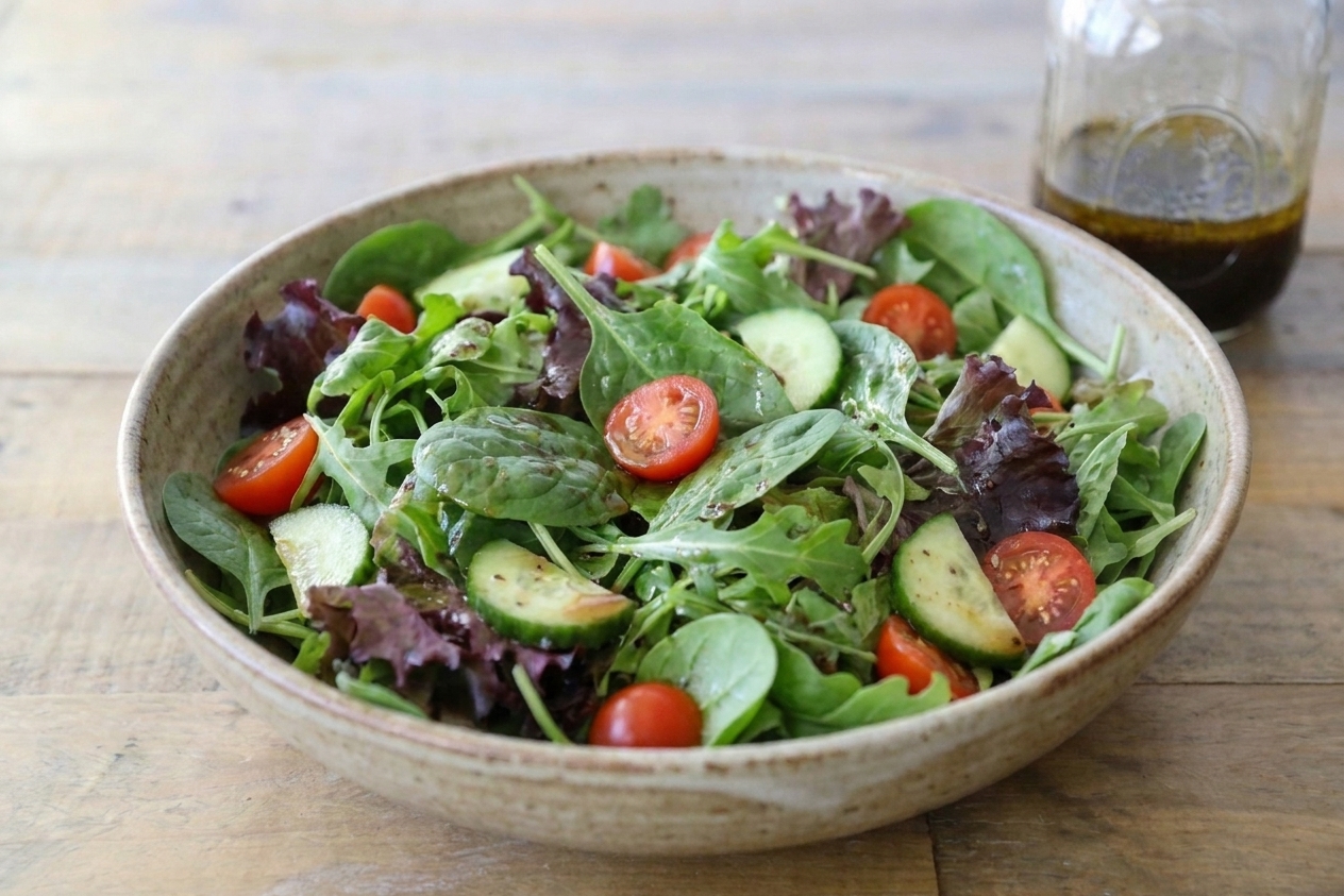 A plated green salad lightly dressed with balsamic vinaigrette