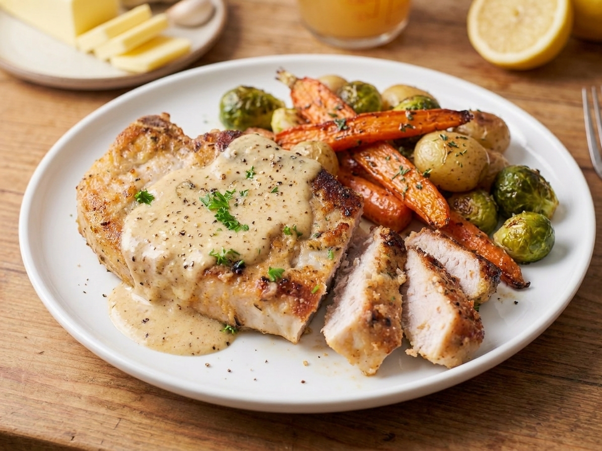 A plated pork chop topped with creamy garlic Parmesan sauce beside roasted vegetables on a white dinner plate