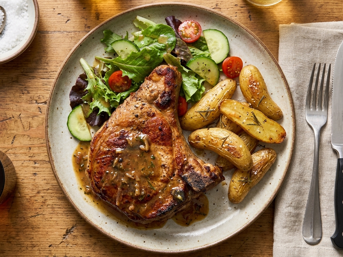 A plated pork chop with a glossy pan sauce, roasted potatoes, and a simple green salad on a wooden dinner table under warm light