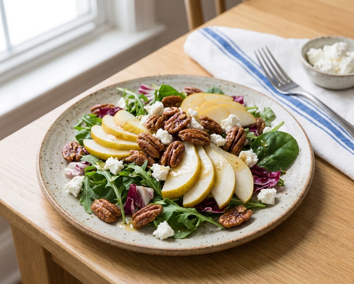 A plated salad topped with praline pecans, crumbled goat cheese, and sliced pear on a dinner table