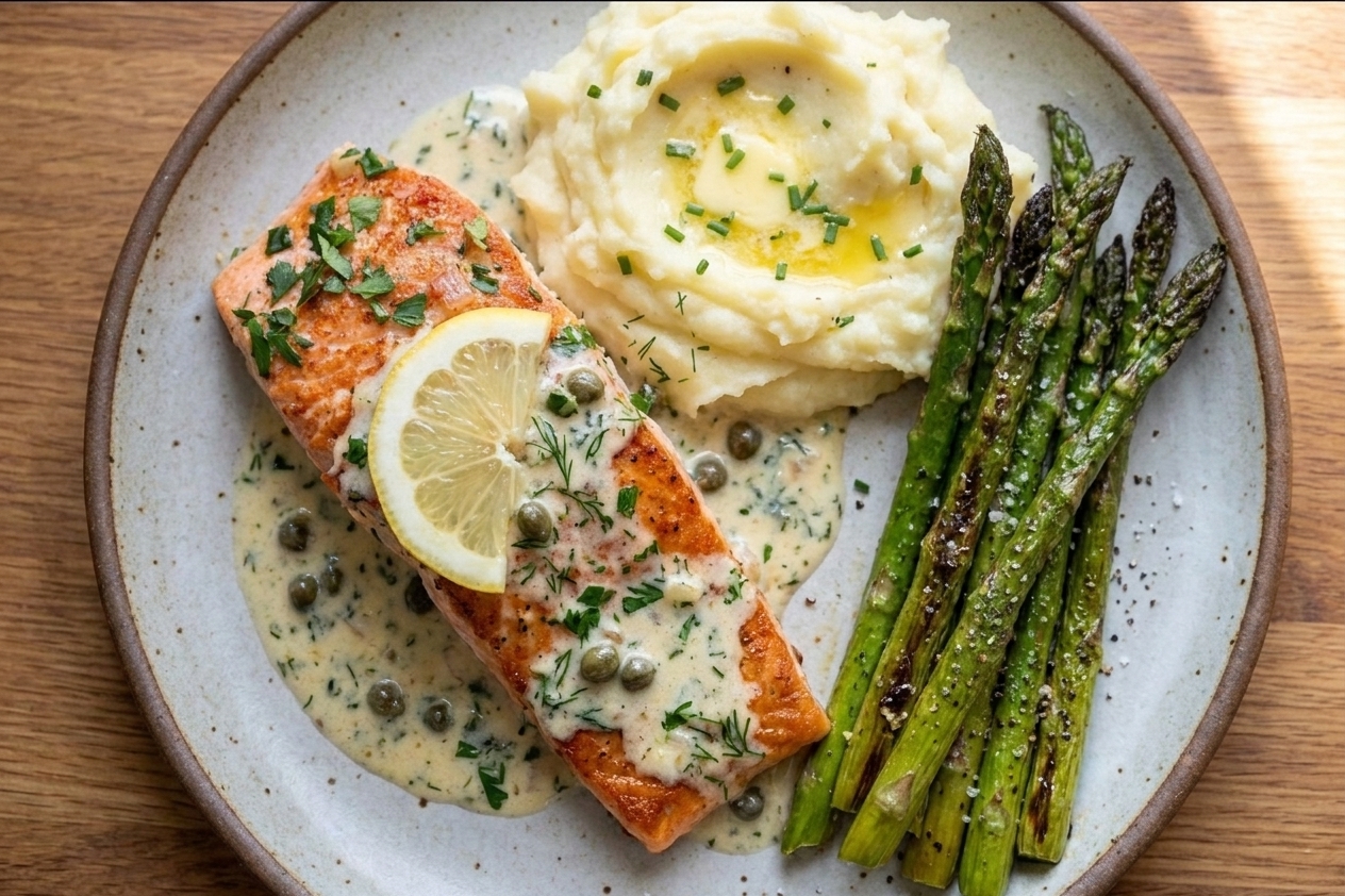 A plated salmon fillet spooned with lemon cream sauce and herbs, served over mashed potatoes with roasted asparagus on the side